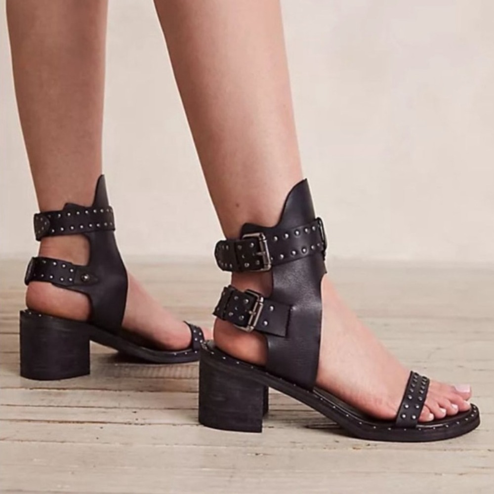 Free People Happiness Heeled Sandals Blue Leather Gladiator Block Heel 39‎ 9